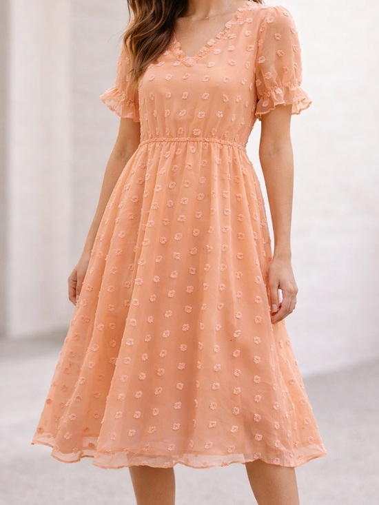 Polagram Dresses & Skirts - Polagram Summer Midi Dress Peach V-Neck Swiss Dot size M